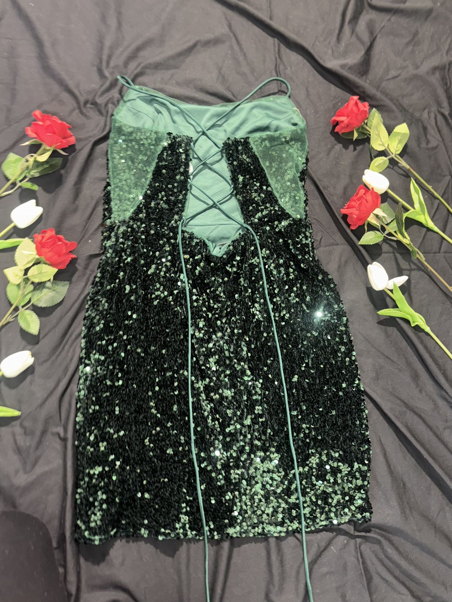 Dark Green Short Sequin Dress with an open back!