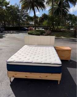 Queen Bed Frame with Mattress and Nightstand Like New