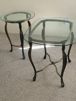 2 Vintage Glass Tables with Brass Legs