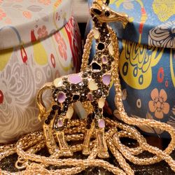 Black rhinestone Giraffe pendant necklace, Purple, ivory & black enamel