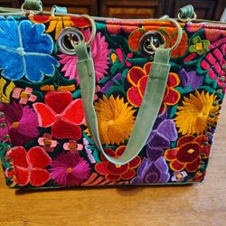 Floral Embroidered Leather Tote Bag Large 