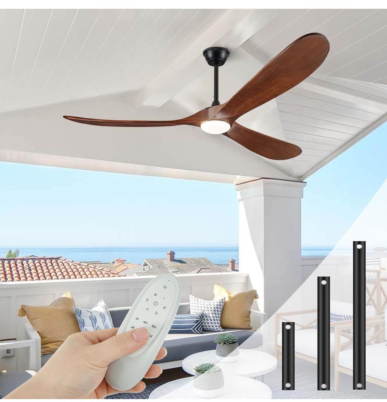 52" Ceiling Fans with Lights and Remote Control, Outdoor Ceiling Fan with Lights High CFM Quiet 3 Blade Wood Walnut Ceiling Fan, Propreller Outdoor Fa
