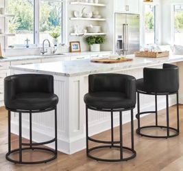 Set Of 3 Black Faux Leather Upholstered Swivel Counter Height Bar Stool with Black Metal Frame