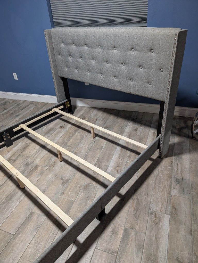 Queen Bed Frame, Grey Upholstered