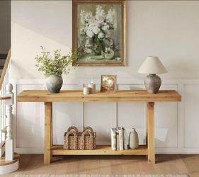 F2353 70.9-Inch Solid Wood Console Table for Entryway, Farmhouse Long Sofa Table with Shelves for Living Room, Hallway, Foyer