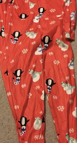 Adult Onezy - 2 Matching Red Penguins and Snowmen