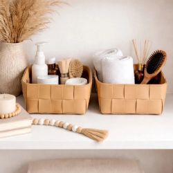 Set of 2 Woven Faux Leather Storage Baskets