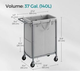 SONGMICS 37.0 Gallons (140 L Laundry Basket 2-Section w/ Wheels - Gray