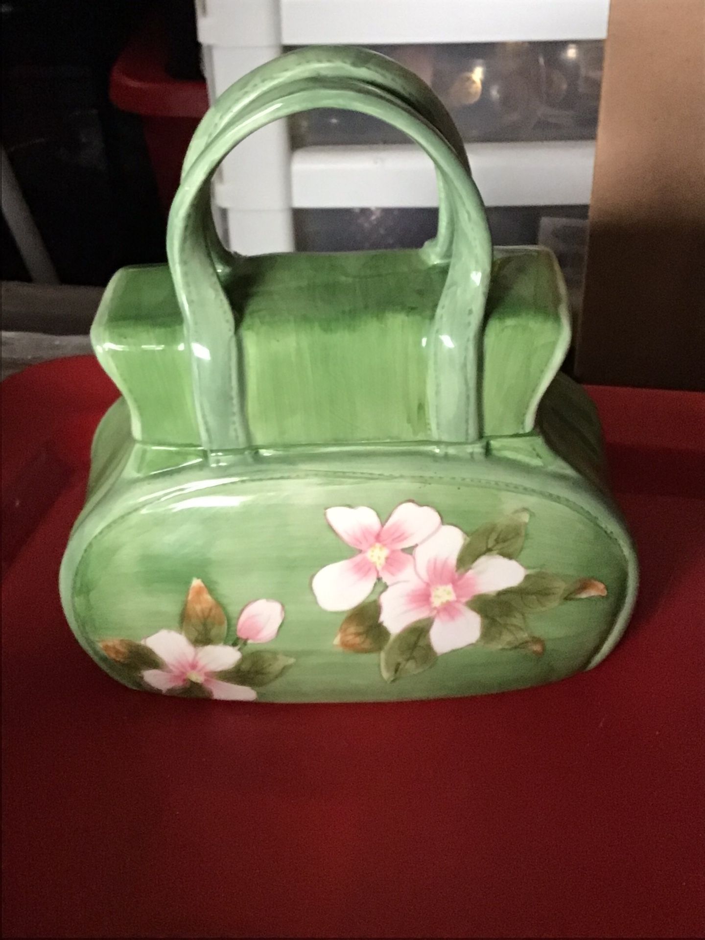 Green Pink Flower Purse Cookie Jar.   