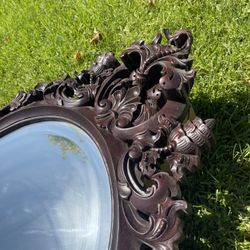 Antique Vintage-Style Hand Carved Wooden Mirror