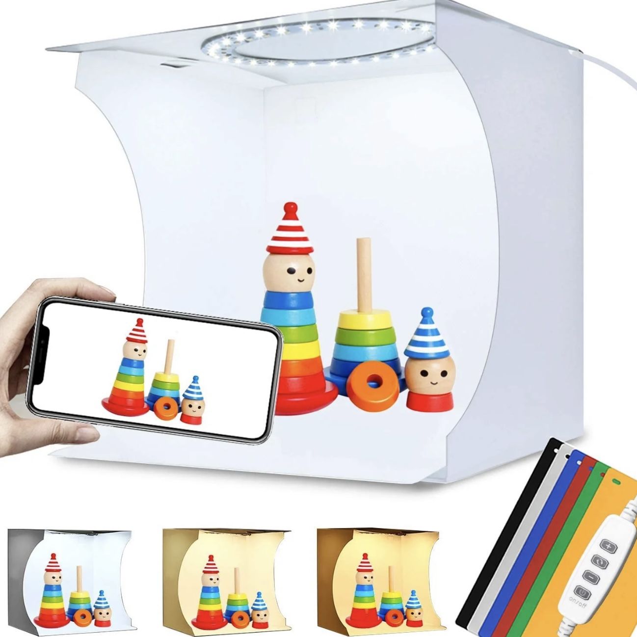 DUCLUS Adjustable Light Photo Studio Box, Mini Photo Light Box, Portable Photography Lighting softbox 6 Color Backdrop kit with Ring White Light 6500K