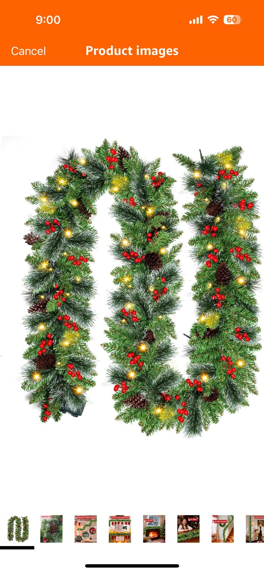 9 Ft Artificial Christmas Garland with 50 Warm Lights/ New