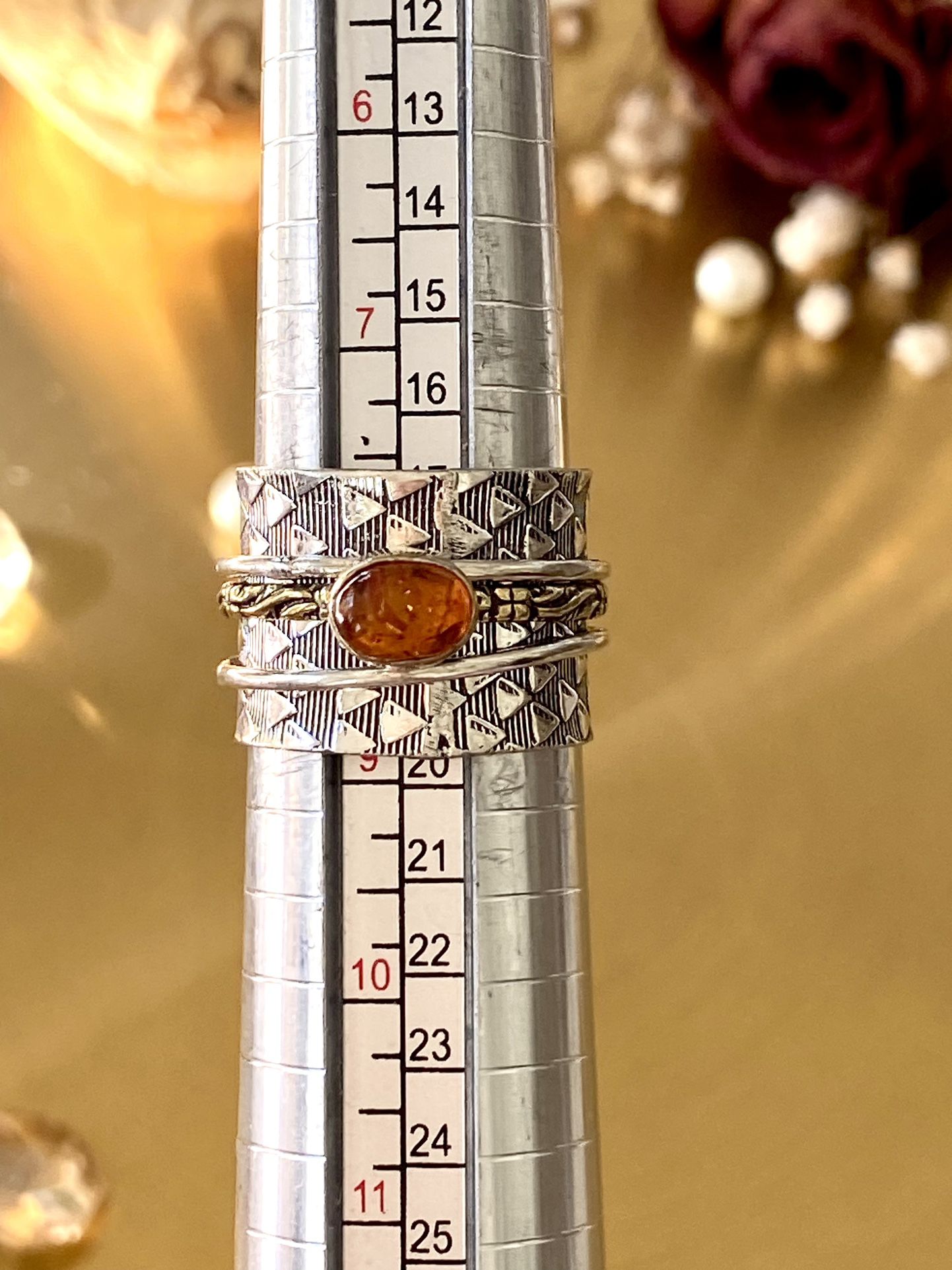 Amber 925 Sterling Silver Overlay Two Tone Spinner Ring Size 8