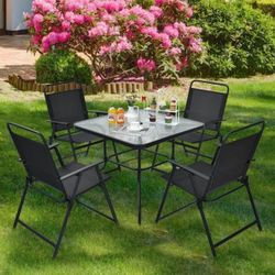 Tempered glass tabletop and steel frame ensure durability Foldable chairs for space-saving storage;Features umbrella hole Anti-slip foot(TABLE ONLY)