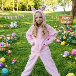 Pink Plush Monster Costume for Girls, Soft Zip Up Easter Bunny Outfit, Cozy Kids Costume, Spring Gift Idea