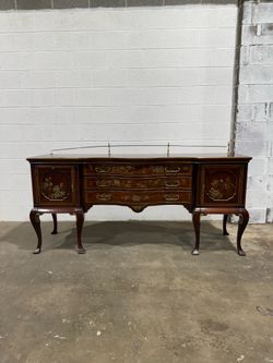 Union National Chinoiserie Mahogany Sideboard Server Hand Painted Serpentine Front Brass Gallery Rail