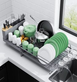 Extendable Dish Drying Rack, Large Drying Dish Rack with Cutlery & Cup Holders, Multifunctional Dish Racks for Counter with Drainage, 18.2"-25.7" L x