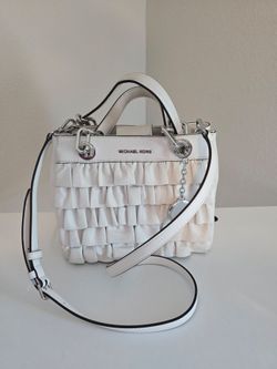 Authentic Michael Kors Mercer Gallery White Leather Ruffle Convertible Satchel