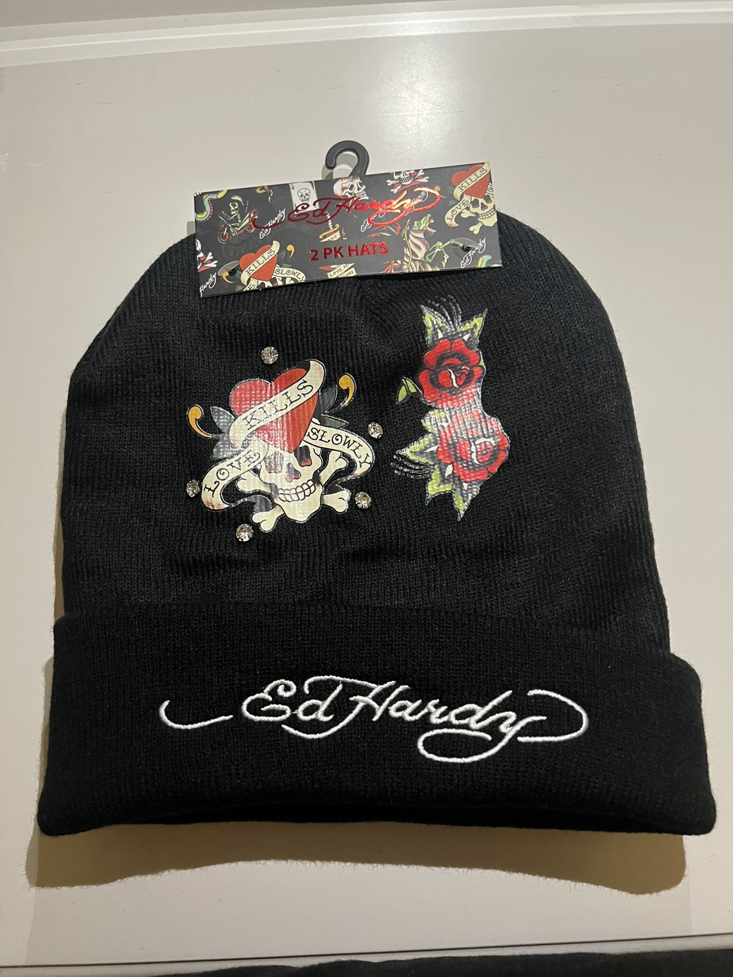 Ed Hardy 2PK Hats Beanies "Love Kills Slowly" Black Rhinestone Tattoo One Size