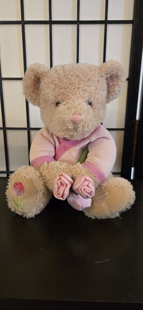 HARRODS CHELSEA FLOWER SHOW TEDDY BEAR PINK TULIP PLUSH 10.5" x 10" x 8" approx.