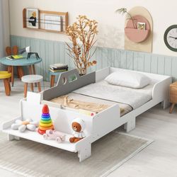 NEW  WHITE Twin Size Pine Wood Car-Shaped Platform Bed Frame with Bench and Guardrail