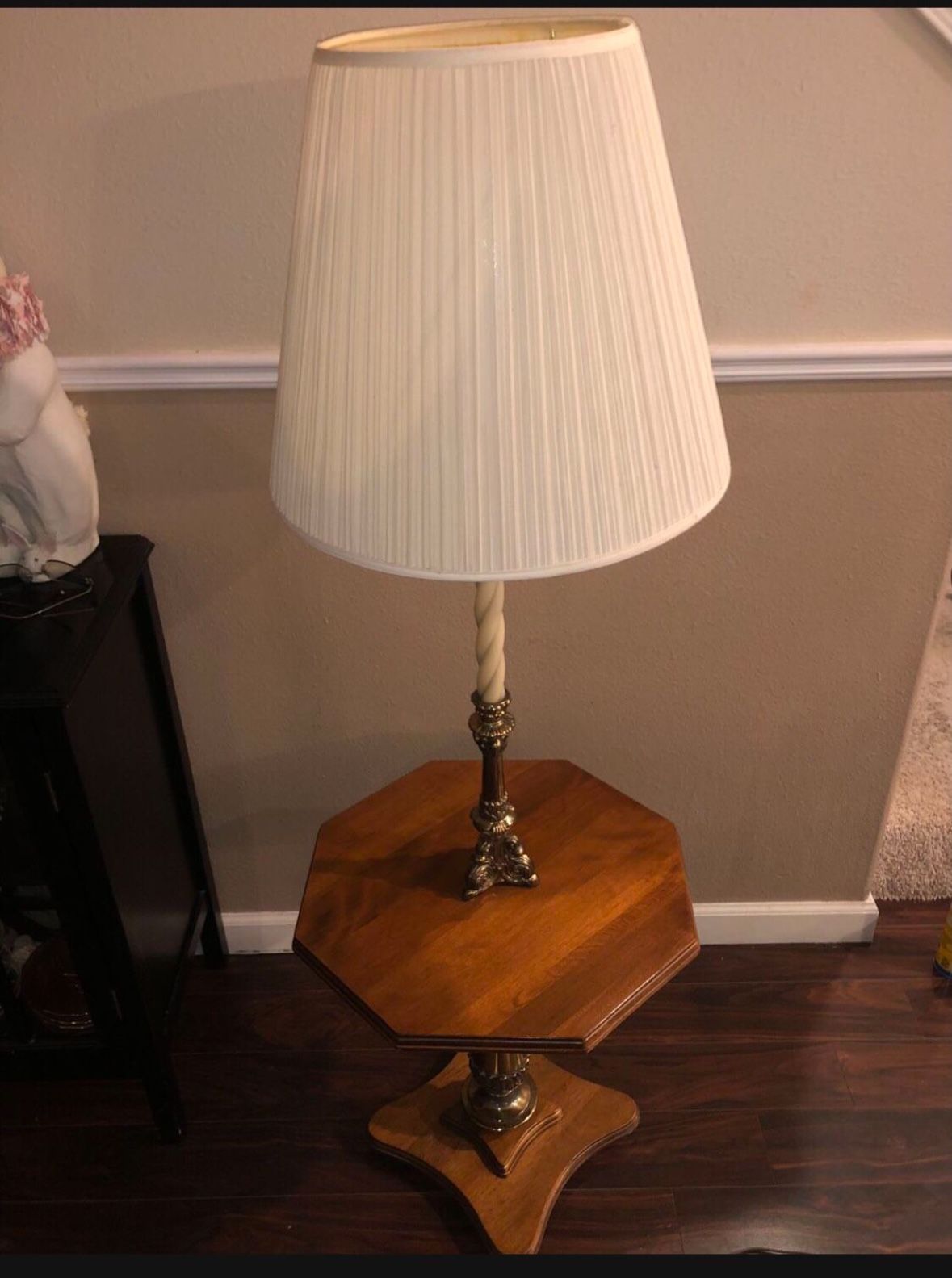 Vintage Mid Century Brass Stiffel Floor Lamp w Wood Center Table & ORIG SHADE.