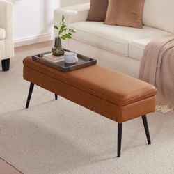 MILCIL Ottoman with Storage Bench, End of Bed Bench with Flipping Lid, Mid-Century Modern & Faux Leather with Stitching, Loads 500 lb, for Living Room