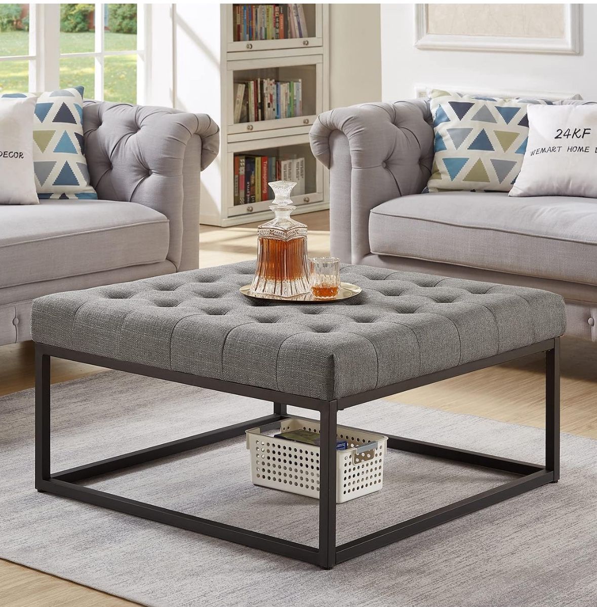 24KF Middle Century Upholstered Tufted Coffee Table with Linen Padded Seat, Large Square Ottoman with Black Metal Frame -Granite