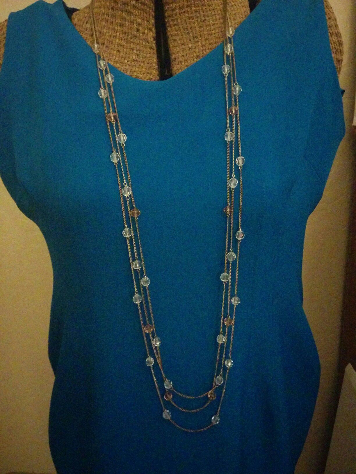 Gold Tone Three Chain Clear & Pink Bead Necklace