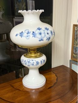 Large 27 inch vintage Aladdin, blue floral milk, glass, kerosene mantle lamp