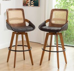 Set of 2,30”Walnut Bar Stools, Mid Century Modern Rattan Bar Stools with BackNatural Bentwood Frame, Walnut Finish, Curved Arms, Faux Leather Upholste