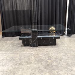 Black Faux Marble Postmodern Coffee Table with Brass Sphere