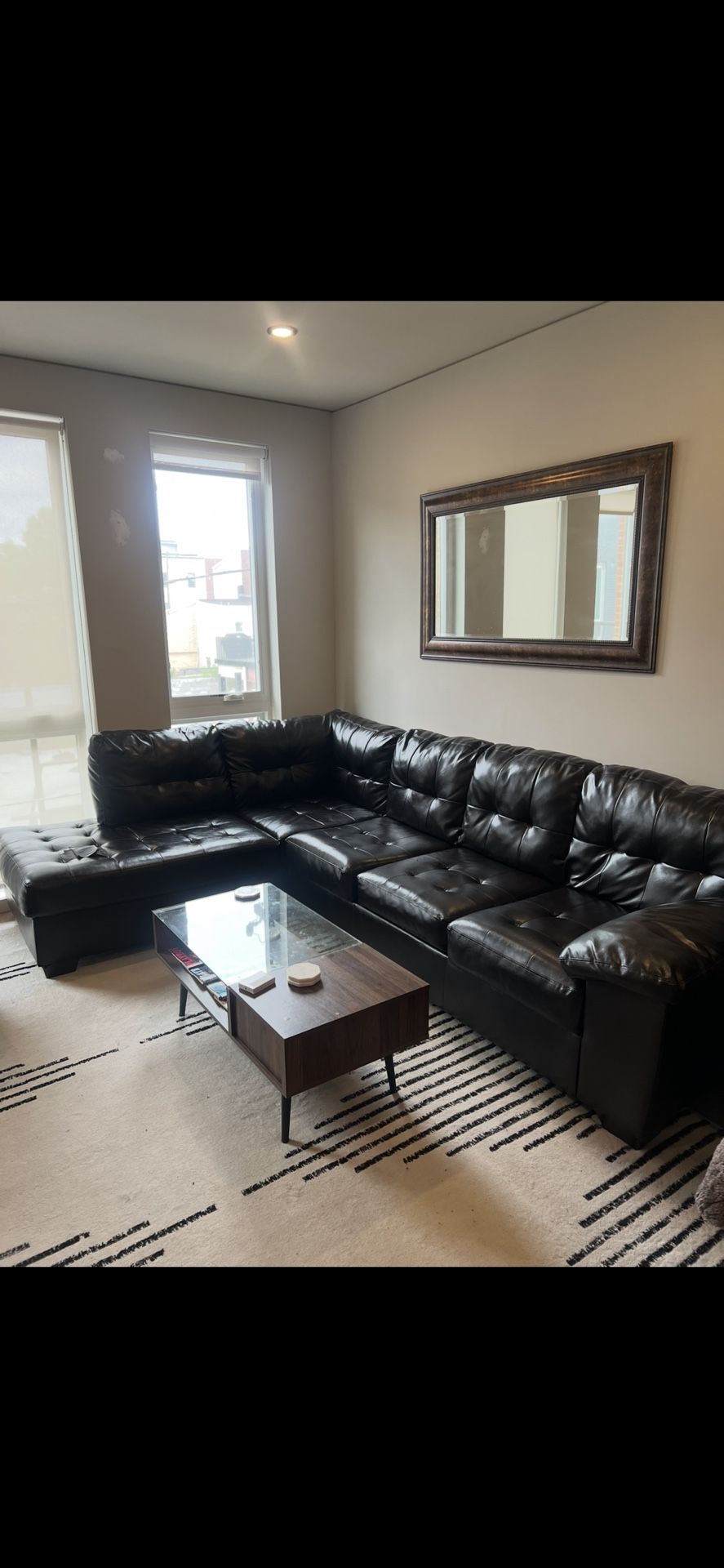 L-Shaped 10’ sofa black leather sectional couch
