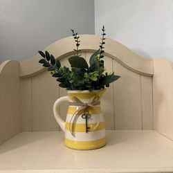 Ceramic Yellow & White Pitcher With Faux Greenery 🌿