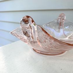 Vintage Fenton Pink Depression Glass Swan Handle Candy Dish