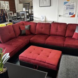 Red Microfiber Sectional Couch And Storage Ottoman