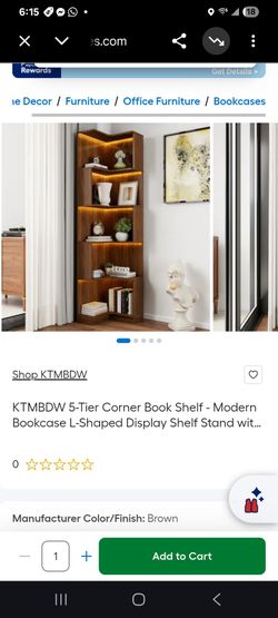 roomfitters 5-Tier Corner Bookshelf with LED Lights, Freestanding L-Shaped Bookcase and Display Shelf for Living Room or Home Office, Walnut.