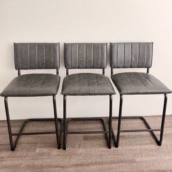 Modern Gray Faux Leather Counter Stools – Set of 3
