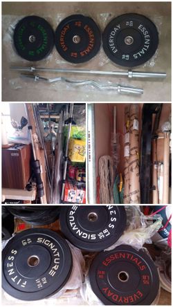 Olympic barbell, curl bar, bumper weight plates