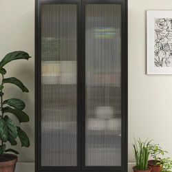 New Inbox Storage Cabinet Metal With Glass Black 