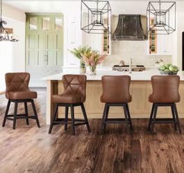 Set Of 4 Hampton 26 in. Dark Brown Solid Wood Frame Counter Stool with Back Faux Leather Upholstered Swivel Bar Stool