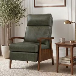 Green Genuine Upholstered Leather Recliner Chair Modern Push Back Wooden Recliner