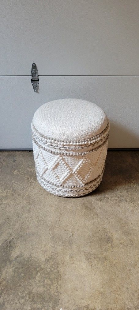 Boho Ottoman with Storage in Cream and Grey Fabric