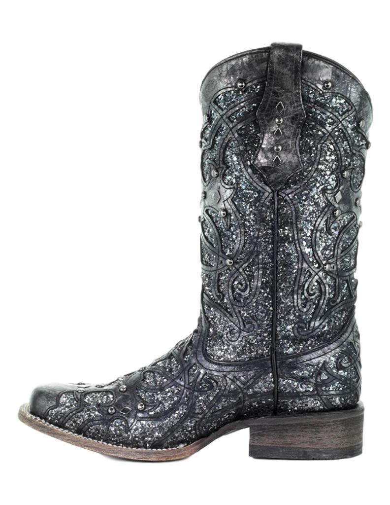 Corral Western Boot Womens Square Glitter Inlay 7.5 M Black Gray C3404