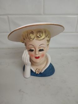 Vintage Lady Head Vase Ceramic Figurine