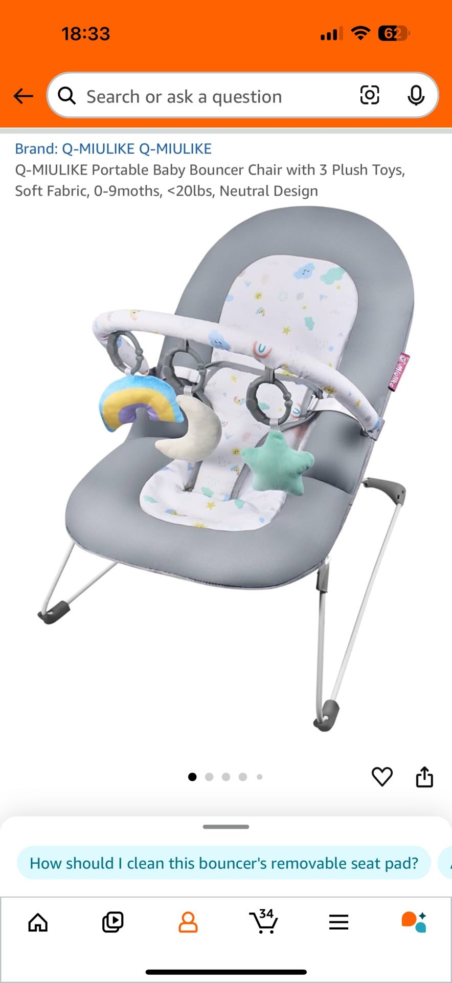  Portable Baby Bouncer Chair with 3 Plush Toys, Soft Fabric, 0-9moths, <20lbs, Neutral Design 