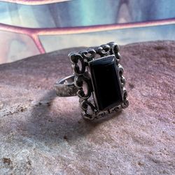 Antique Vintage Obsidian Ring 925 Silver