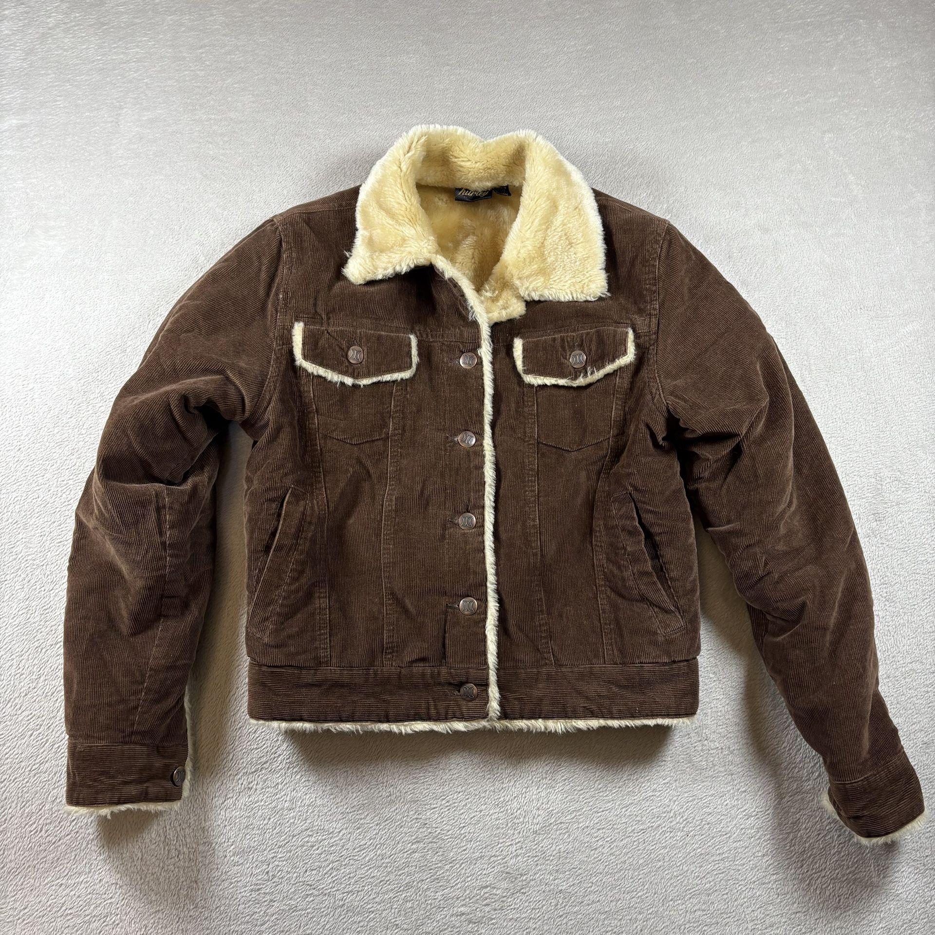Y2K Hurley Faux Fur Lined Women Size S Brown Corduroy Jacket Coat Bomber #1105