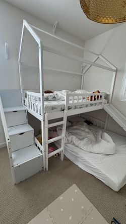 White Kids Bunk Bed Furniture With Slide Storage