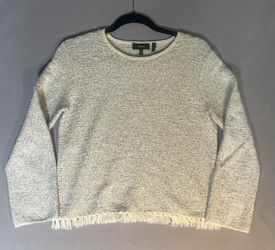 Theory Textured Fringe Hem Crewneck Knit Sweater Pullover Cream Off White Tweed Style Size Medium